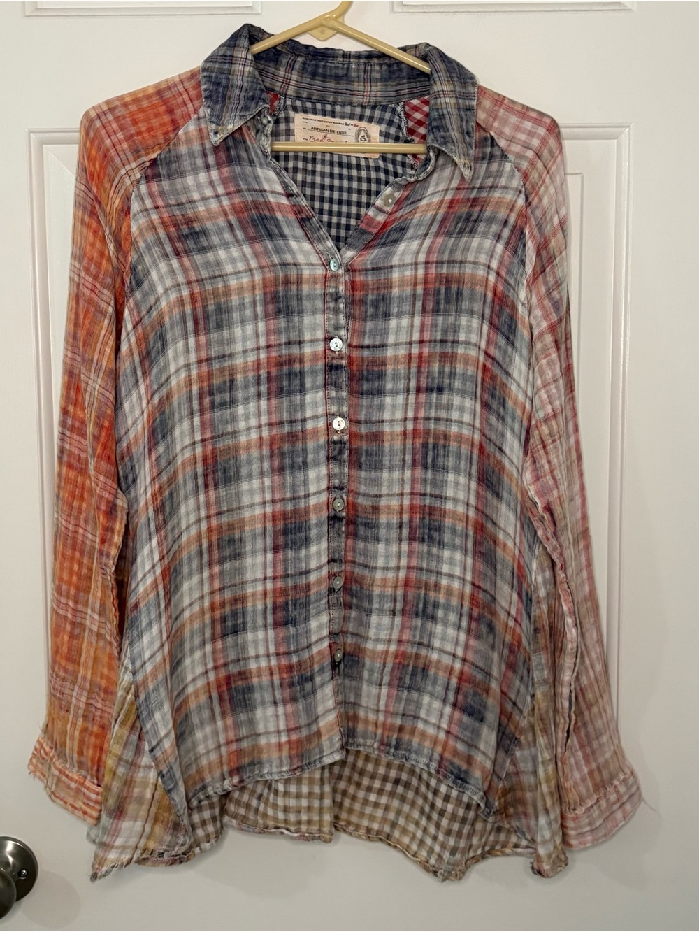 Free People Artisan de Luxe Plaid Cotton cottagecore Button Down Shirt Small